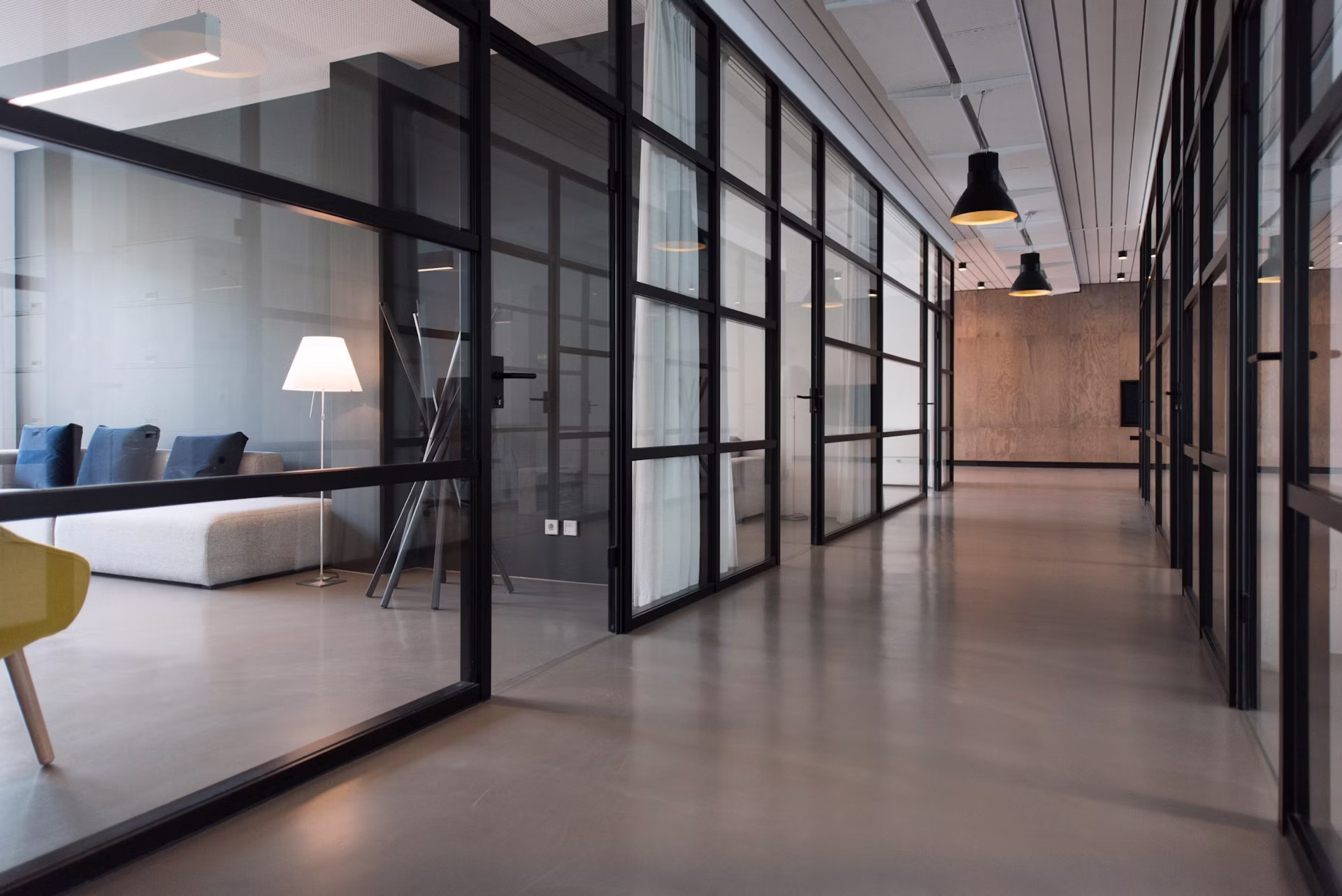 Modern commercial office interior with warm lighting
